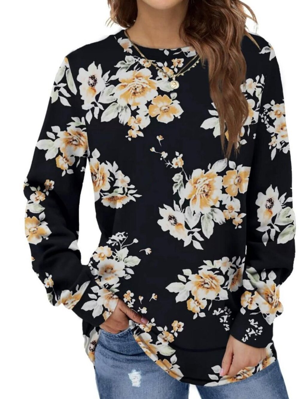 Fantaslook Floral Long Sleeve Crewneck Top Black Yellow M